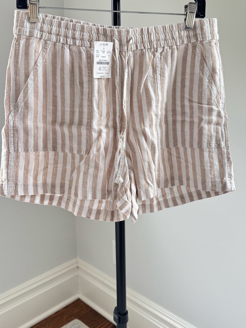 J. Crew Beige and White Striped High-Waist Drawstring Shorts